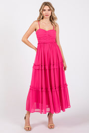 Fuchsia Sleeveless Pleated Ruffle Tiered Midi Dress