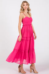 Fuchsia Sleeveless Pleated Ruffle Tiered Midi Dress