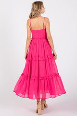 Fuchsia Sleeveless Pleated Ruffle Tiered Midi Dress