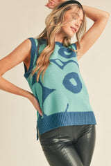 Skyblue Green Abstract Floral Knit Sweater Vest