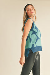 Skyblue Green Abstract Floral Knit Sweater Vest