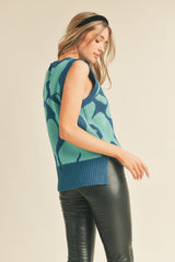 Skyblue Green Abstract Floral Knit Sweater Vest