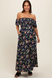 Navy Blue Floral Off Shoulder Maternity Dress