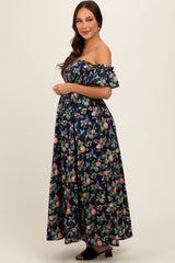 Navy Blue Floral Off Shoulder Maternity Dress