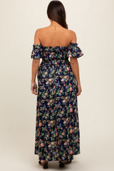 Navy Blue Floral Off Shoulder Maternity Dress