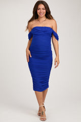 Royal Off Shoulder Sleeveless Ruched Mesh Maternity Midi Dress