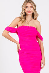 Fuchsia Off Shoulder Sleeveless Ruched Mesh Midi Dress