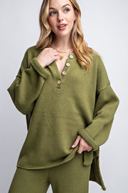 Green Comfy Waffle Knitting Pullover