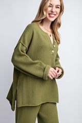 Green Comfy Waffle Knitting Pullover