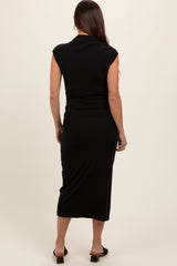 Black Ribbed Maternity Ruched Midi Dress