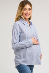 Blue Striped Basic Button Down Maternity Top