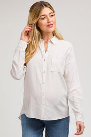 Beige Striped Basic Button Down Maternity Top