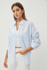 Light Blue Striped Basic Button Down Maternity Top