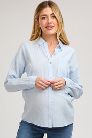 Light Blue Striped Basic Button Down Maternity Top