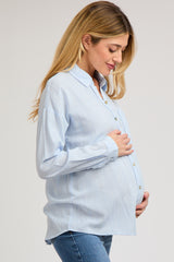 Light Blue Striped Basic Button Down Maternity Top