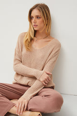 Beige Knit V-Neck Maternity Long Sleeve Top