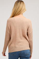 Beige Knit V-Neck Maternity Long Sleeve Top