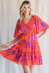 Orange Red Print Chiffon Short Bell Sleeves Dress