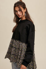 Black Crew Neck Sweat Top With Tiered Floral Contrast