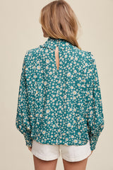 Emerald Flower Print Mock Neck Pleated Design Blouse