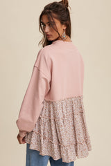 Blush Crew Neck Sweat Top With Tiered Floral Contrast