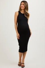 Black Sleeveless Ribbed Maternity Midi Dress