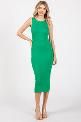 Green Sleeveless Ribbed Midi Dress