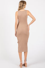 Beige Sleeveless Ribbed Midi Dress