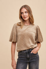 Taupe Texture Velvet Bubble Sleeve Top