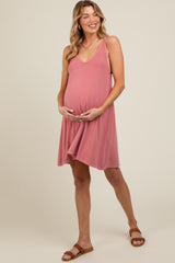 Mauve Ribbed Sleeveless Front Seam Maternity Dress