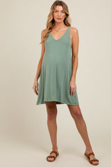 Sage Ribbed Sleeveless Front Seam Maternity Dress