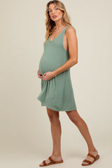 Sage Ribbed Sleeveless Front Seam Maternity Dress