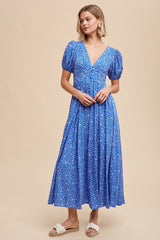 Blue Floral Button Down Front Slit Maternity Maxi Dress