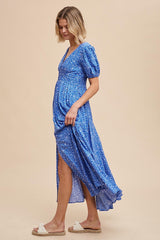 Blue Floral Button Down Front Slit Maxi Dress