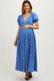 Blue Floral Button Down Front Slit Maternity Maxi Dress