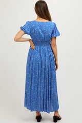 Blue Floral Button Down Front Slit Maternity Maxi Dress