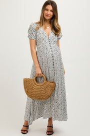 Ivory Floral Button Down Front Slit Maternity Maxi Dress