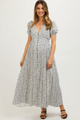 Ivory Floral Button Down Front Slit Maternity Maxi Dress