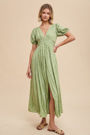 Sage Floral Button Down Front Slit Maxi Dress