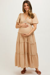 Beige Crochet Lace Tiered Maternity Maxi Dress