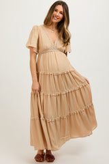 Beige Crochet Lace Tiered Maternity Maxi Dress