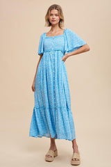 Blue Floral Button Front Maternity Midi Dress