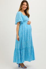 Blue Floral Button Front Maternity Midi Dress