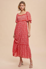 Red Floral Button Front Maternity Midi Dress