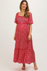 Red Floral Button Front Maternity Midi Dress