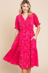 Fuchsia Print Ruffle Trim Tiered Maternity Dress