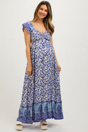 Blue Floral Off Shoulder Maternity Maxi Dress