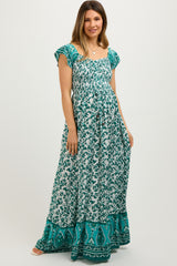 Green Floral Off Shoulder Smocked Maternity Maxi Dress