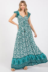 Green Floral Off Shoulder Smocked Maternity Maxi Dress