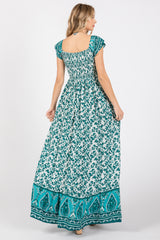 Green Floral Off Shoulder Smocked Maxi Dress